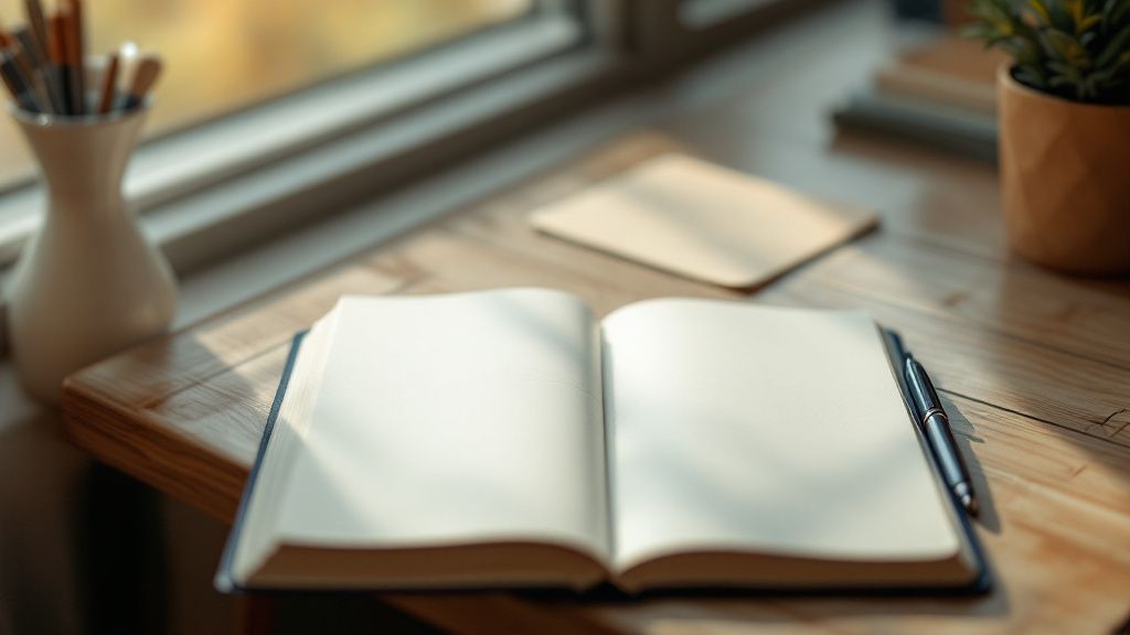 Offenes leeres Notizbuch mit Stift auf einem hellen Holztisch