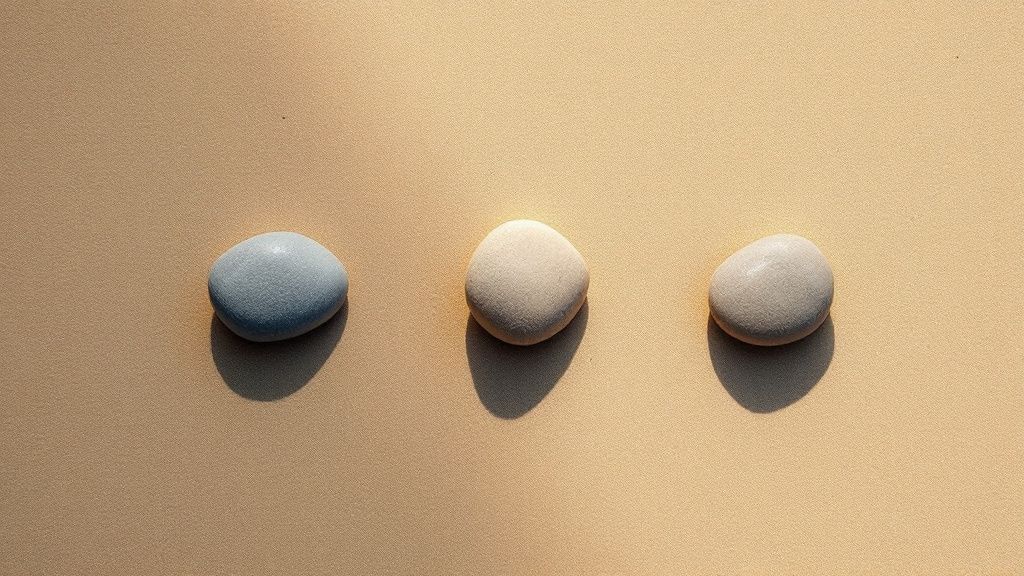 Drei glatte Kiesel in einer Reihe auf hellem Sand