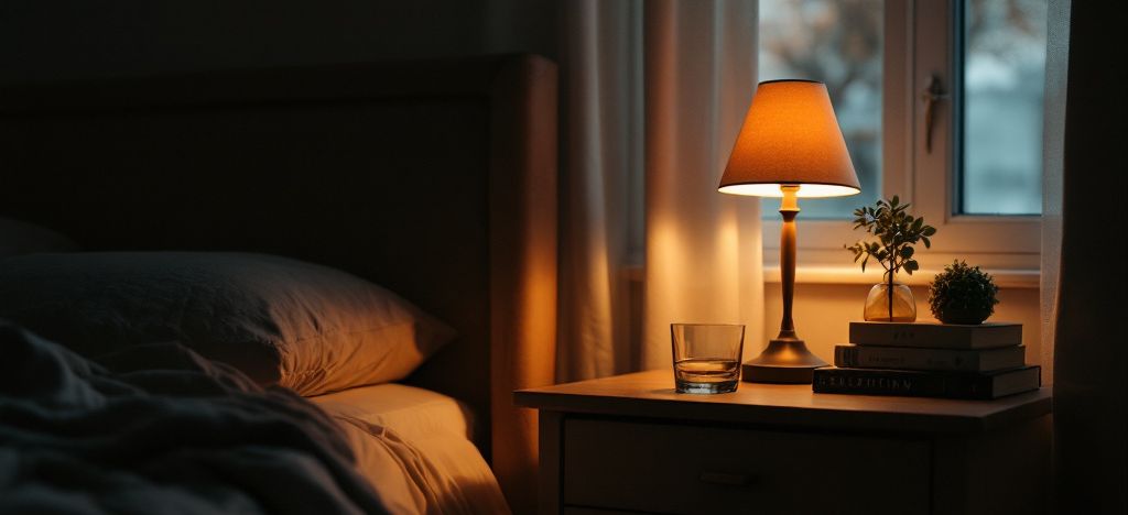 Aufgeräumter Nachttisch mit Lampe und einem Glas Wasser