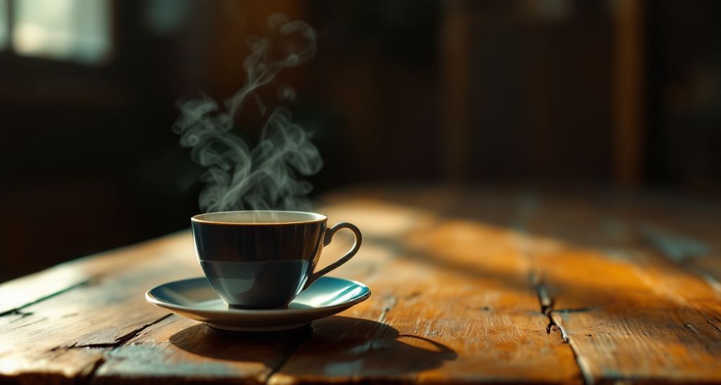 Eine leicht kippende Teetasse auf unebenem Holz