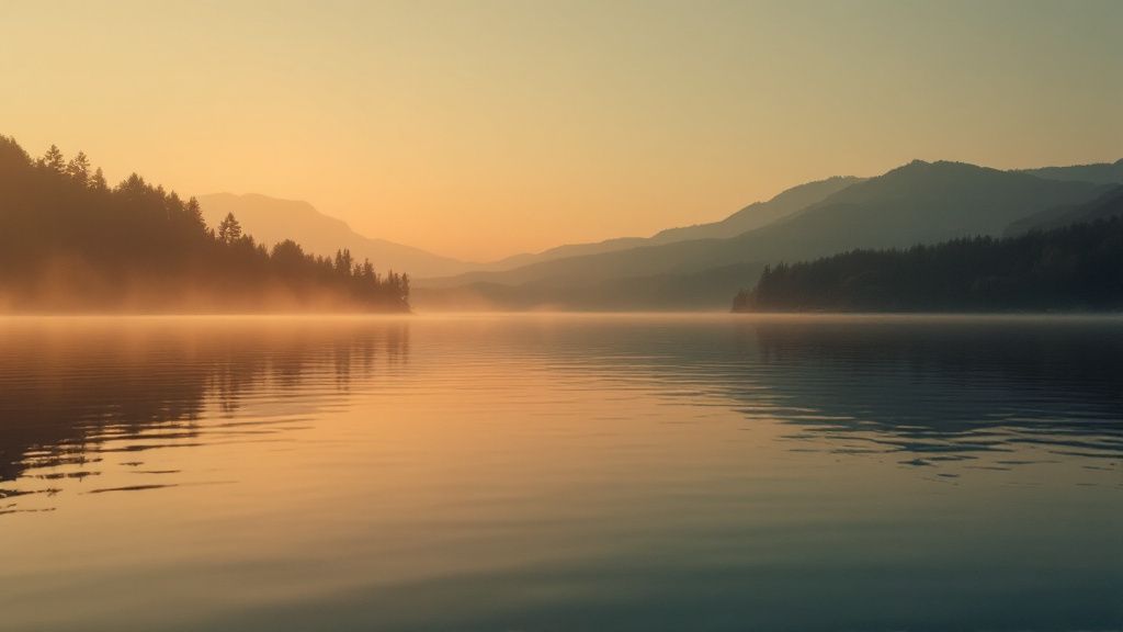 Ruhige Seeoberfläche bei Sonnenaufgang mit sanften Spiegelungen