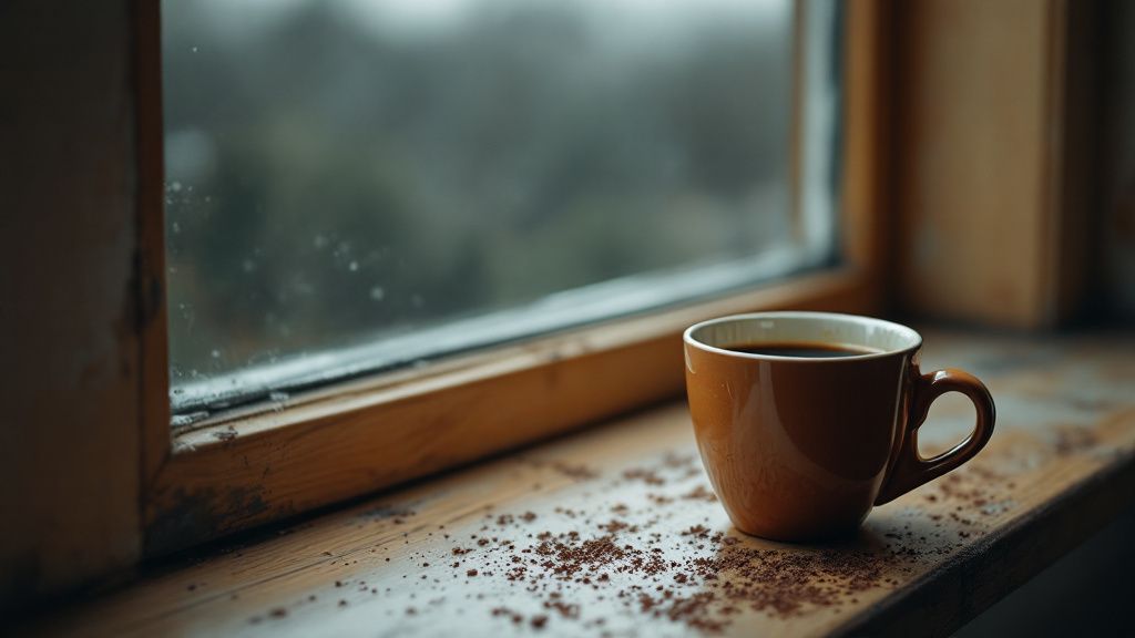 Unberührte kalte Kaffeetasse auf einer Fensterbank bei grauem Licht