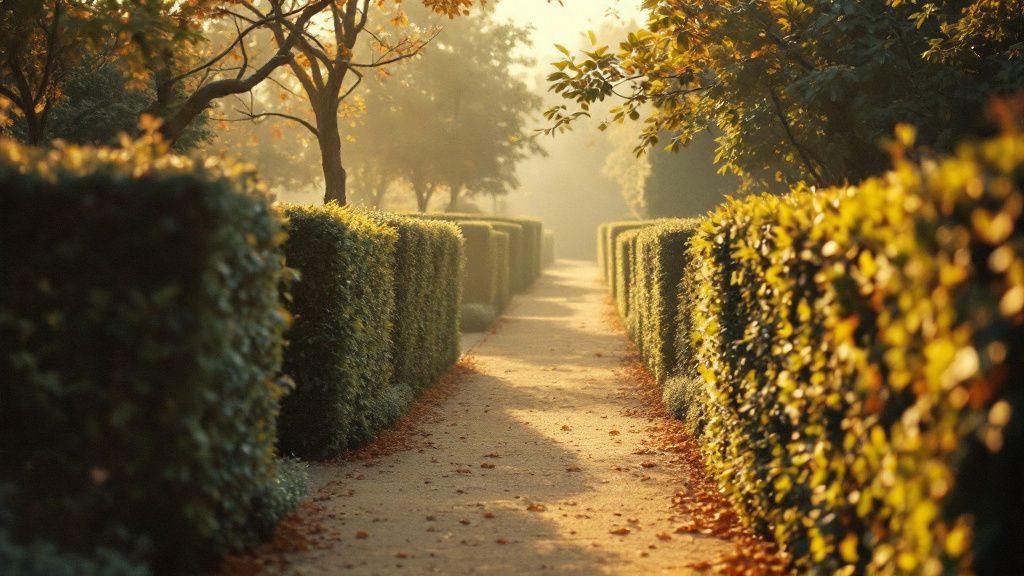 Gartenweg, der sich zwischen grünen Hecken in zwei Richtungen teilt