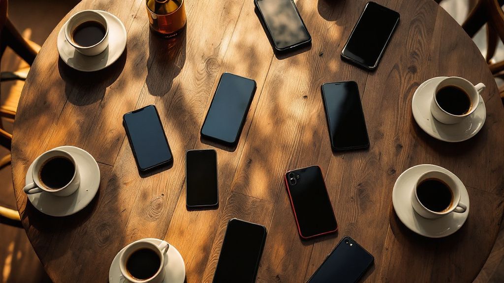 Mehrere Menschen an einem Cafetisch mit Handys