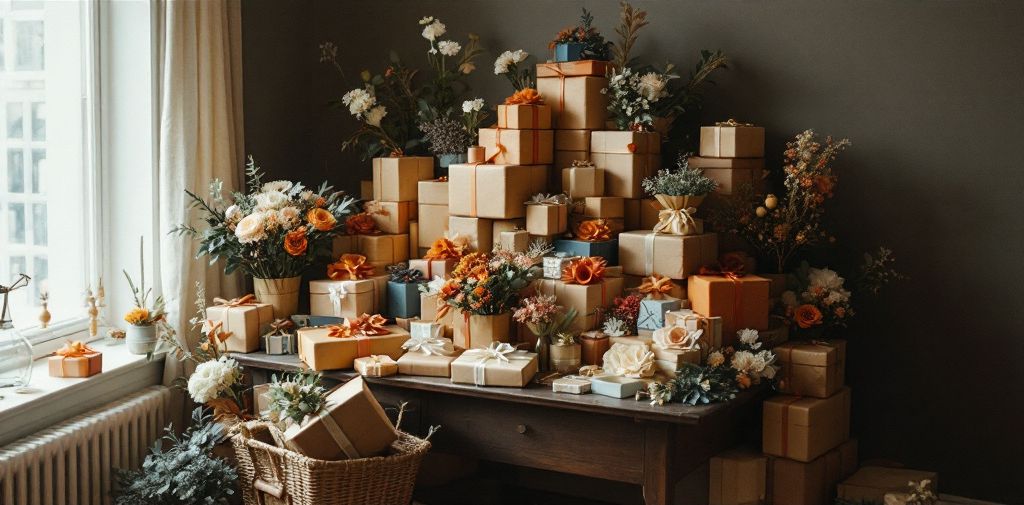 Kleiner Beistelltisch unter zu vielen Geschenken und Blumen