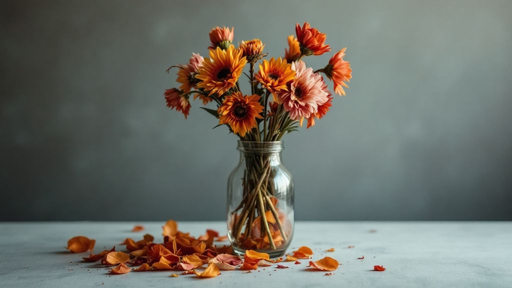 Strauß in Vase, halb frisch und halb verwelkt