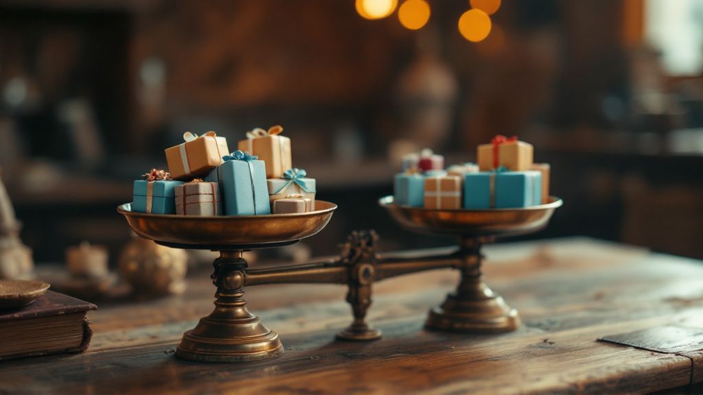 Alte Messingwaage, eine Schale voller kleiner Geschenke