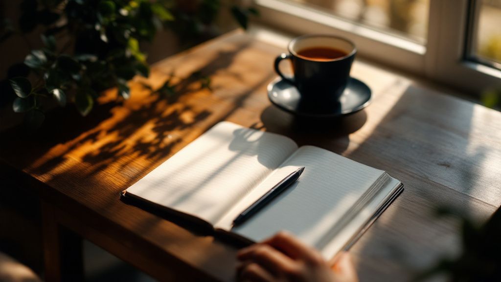 Ruhiger Tisch mit Notizbuch, Stift und Teetasse