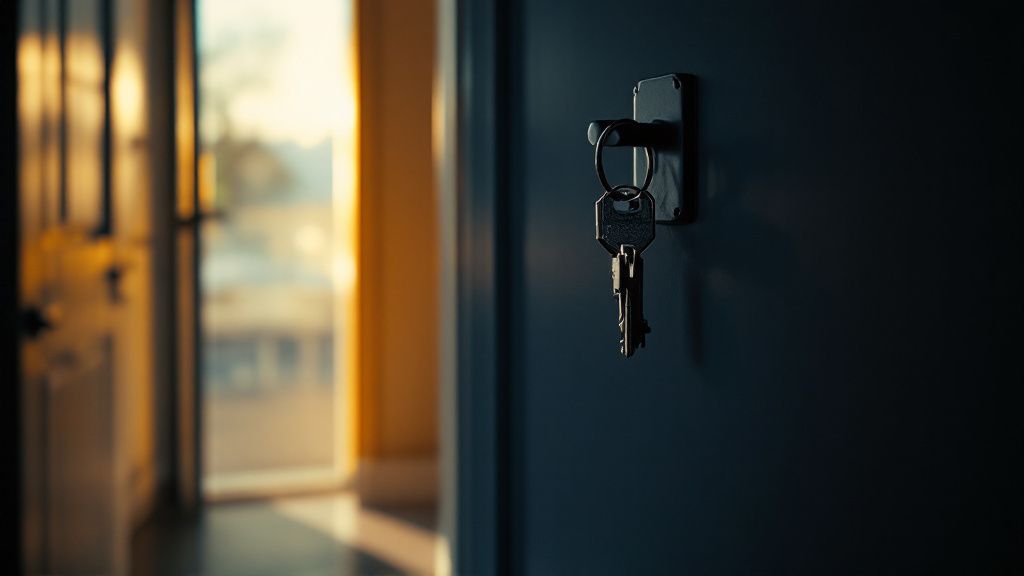 Leicht geöffnete Wohnungstür mit Schlüssel auf der Ablage