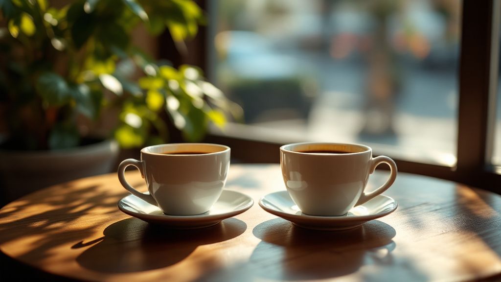 Zwei Kaffeetassen mit viel Abstand auf einem Cafetisch