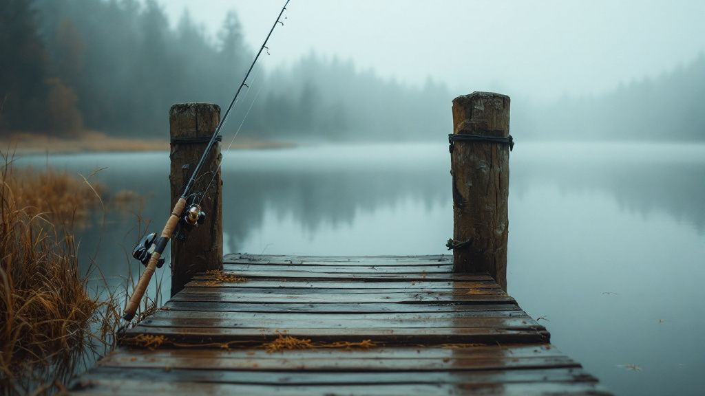 Angelrute an einem Steg am See