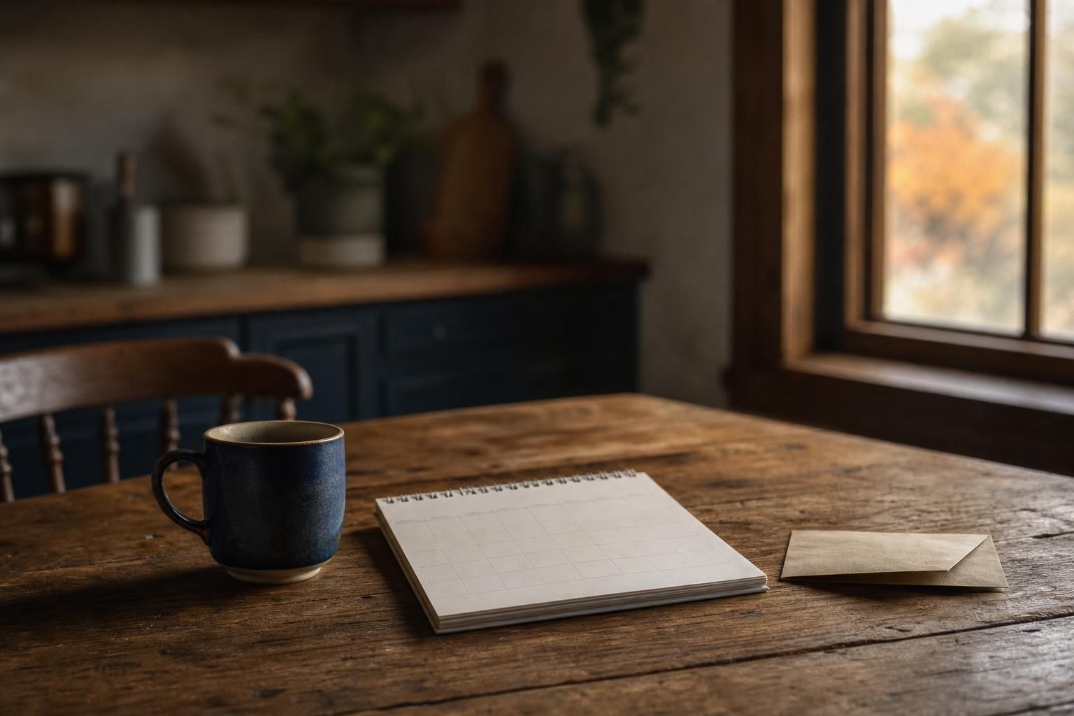 Leerer Kalender neben einer Tasse