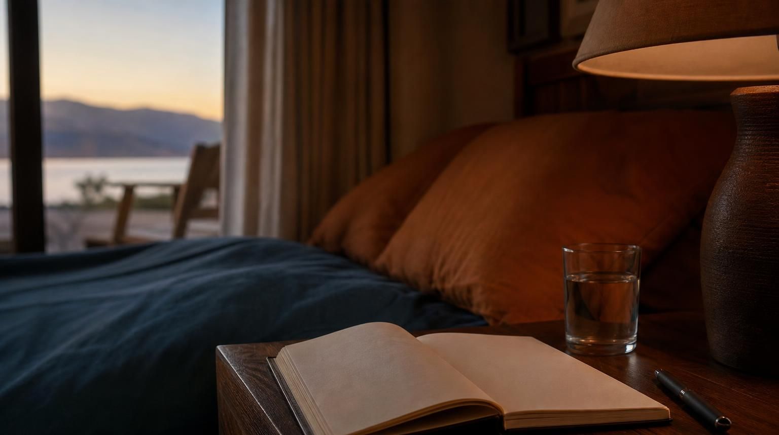 Offenes Notizbuch mit Glas Wasser
