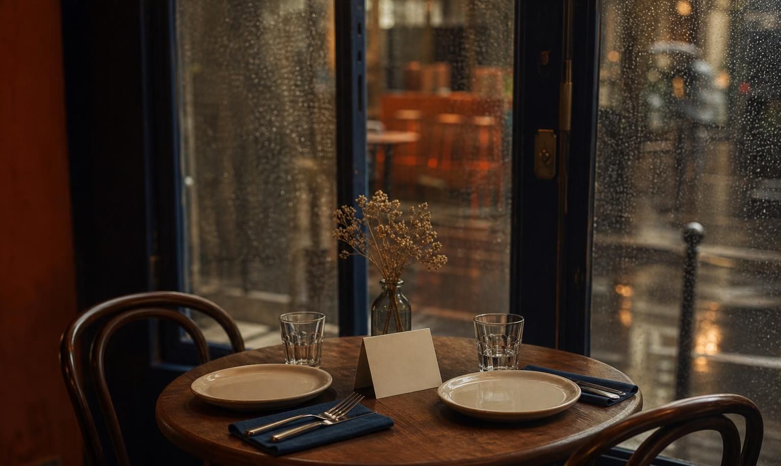 Gedeckter Cafétisch am regnerischen Fenster