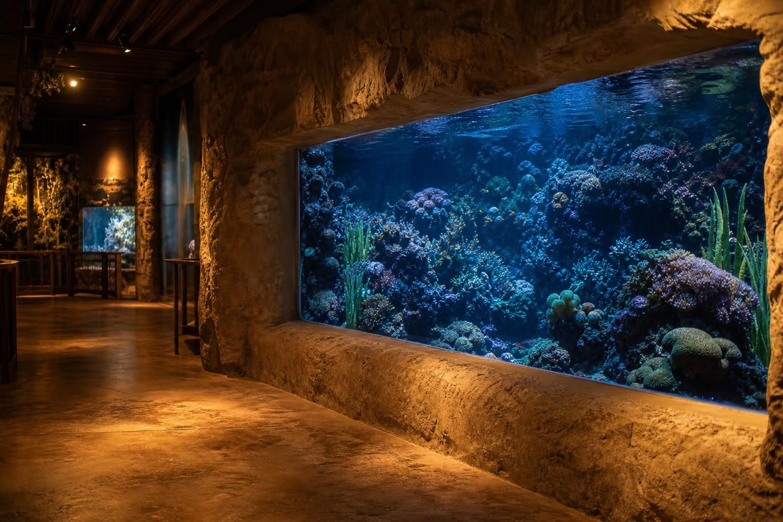Blau beleuchtetes Aquarium im Aquazoo Düsseldorf