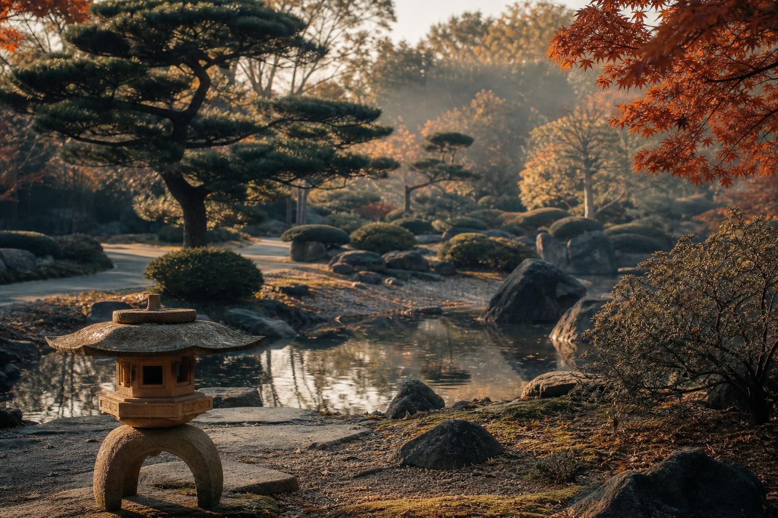 Japanischer Garten im Nordpark mit stillem Teich