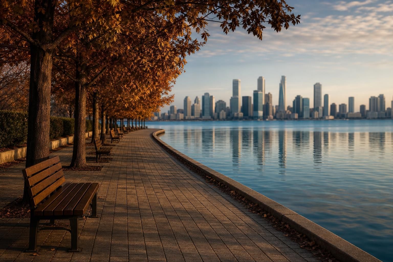 Uferpromenade mit Bäumen und Bänken an einem großen Stadtsee
