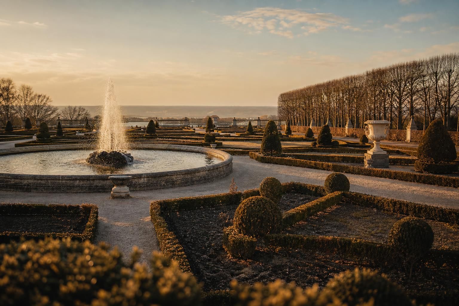 Barockgarten mit geschnittenen Hecken, Beeten und einem Fontänenbecken