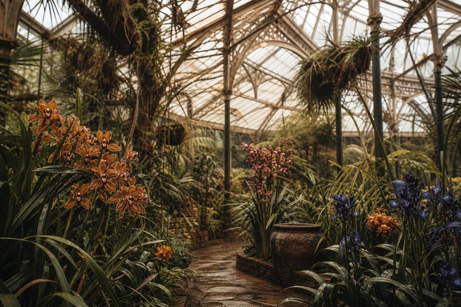 Innenraum eines Schauhauses mit Orchideen und tropischen Pflanzen