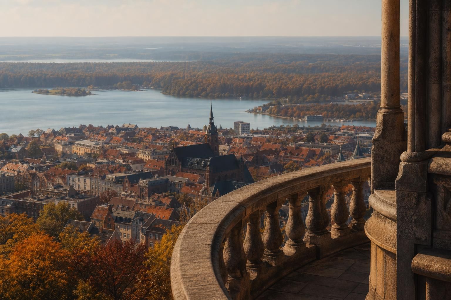 Blick von einer Kuppel über die Stadt mit See und Wald am Horizont