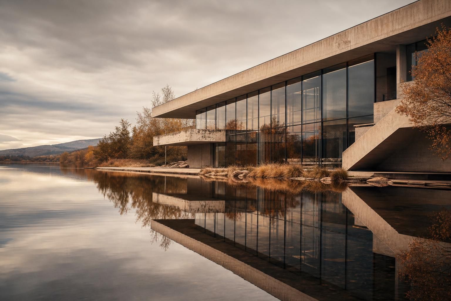 Moderner Museumsbau aus Beton und Glas am Ufer eines Sees