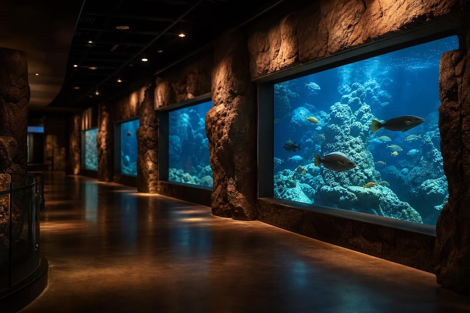 Dunkle Museumshalle mit blau leuchtenden Aquarien