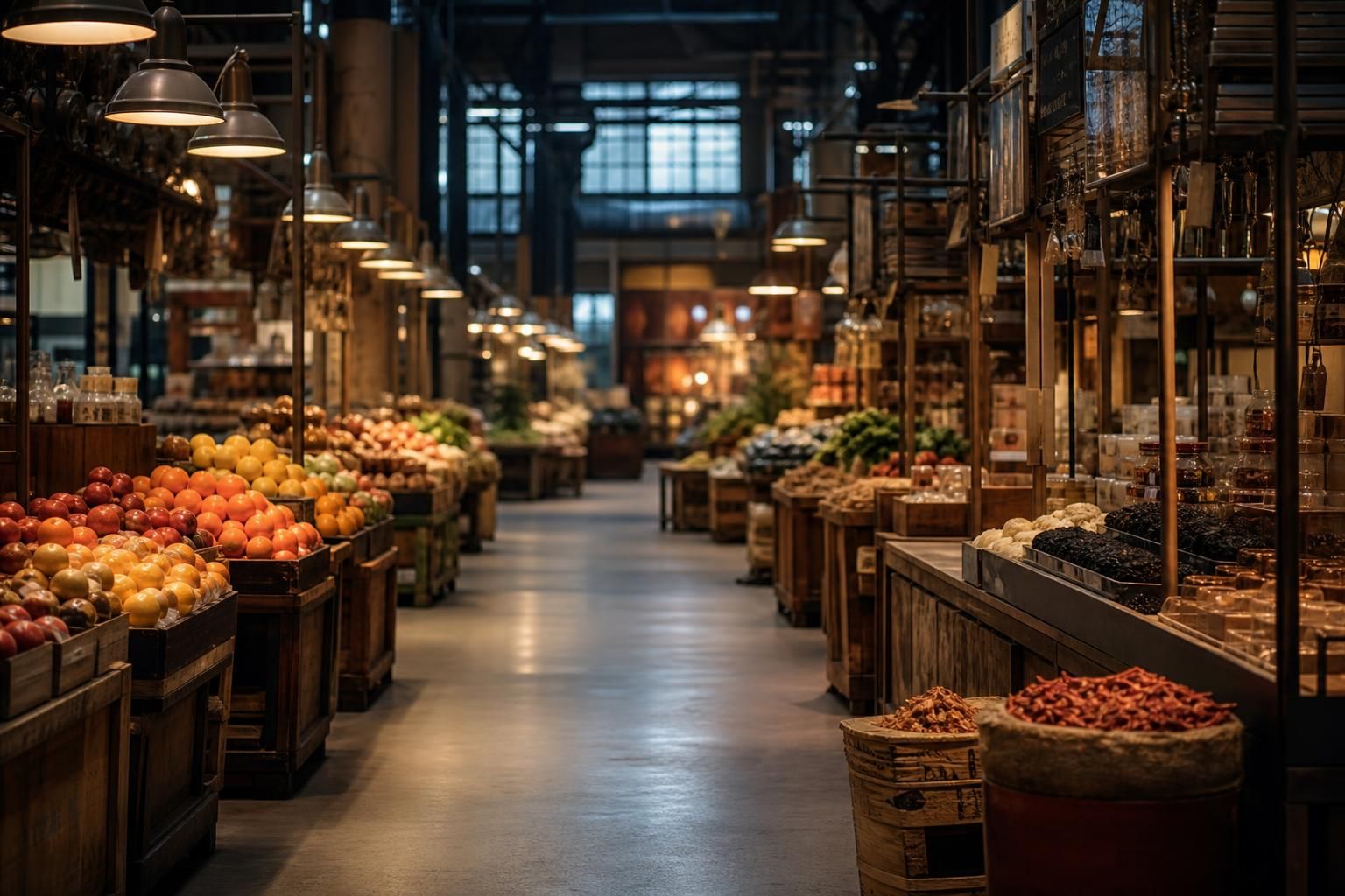 Innenraum einer Markthalle mit Theken, Obstkisten und warmem Licht