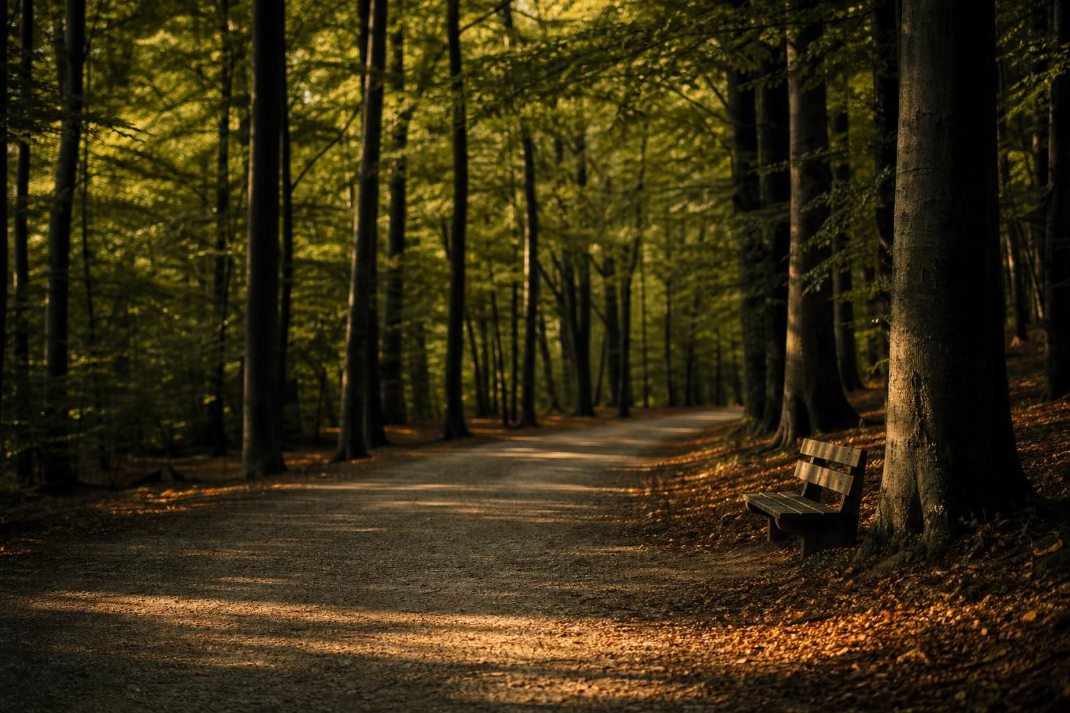 Breiter Waldweg zwischen hohen Laubbäumen mit einer Bank am Rand