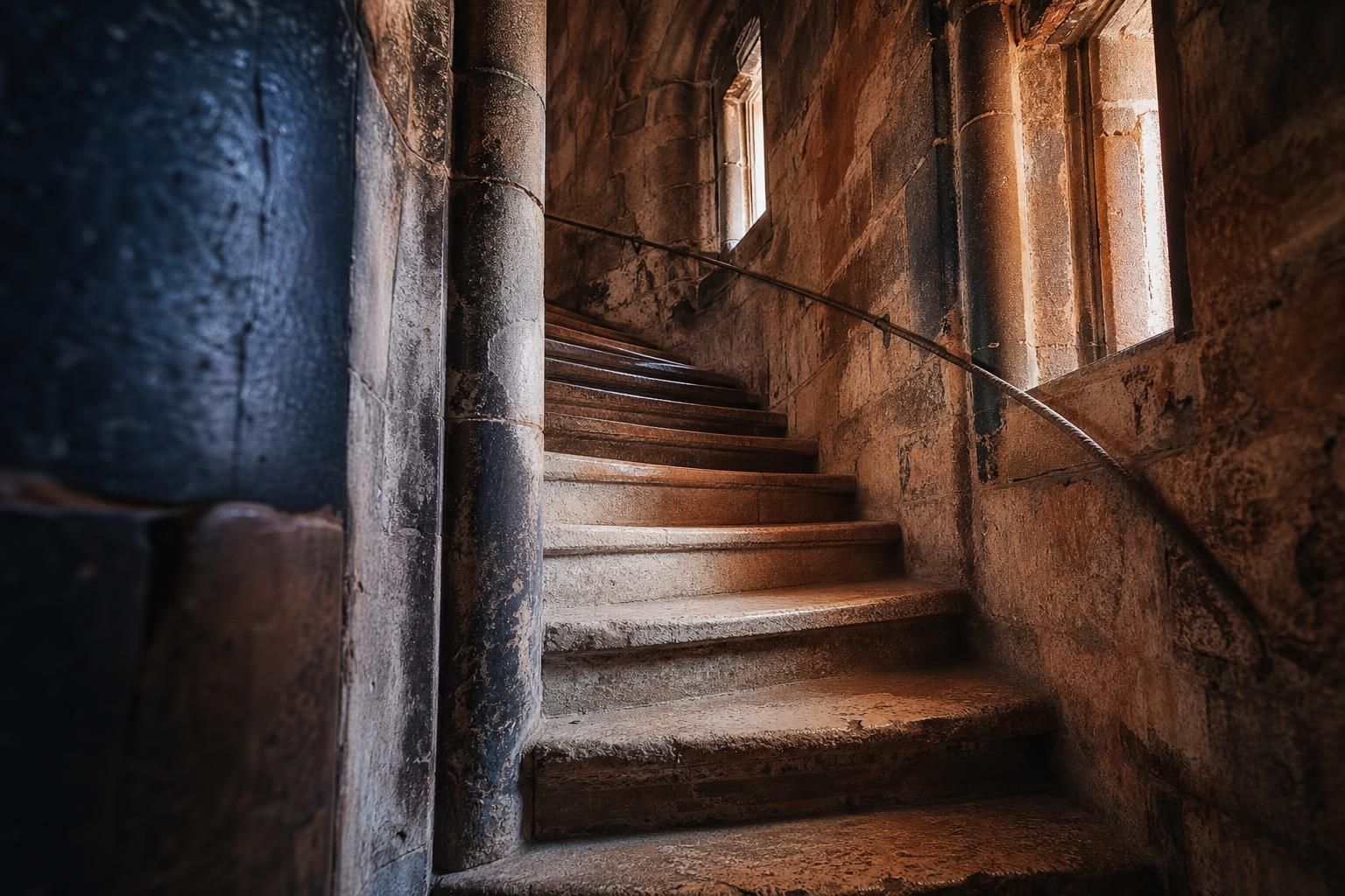 Enge steinerne Wendeltreppe im Turm einer gotischen Kathedrale