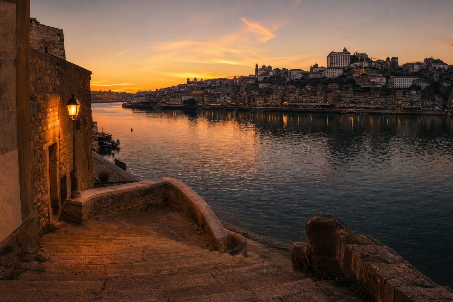 Breite Freitreppe am Fluss mit Blick auf die Altstadt bei Sonnenuntergang