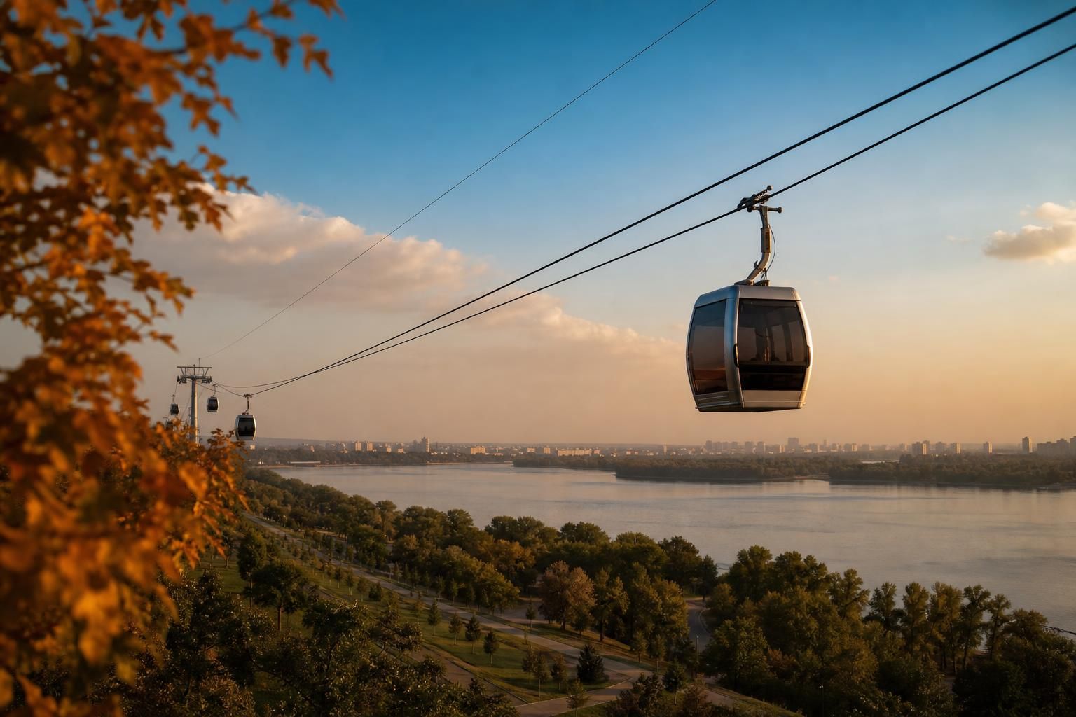 Gondeln einer Seilbahn über einem breiten Fluss