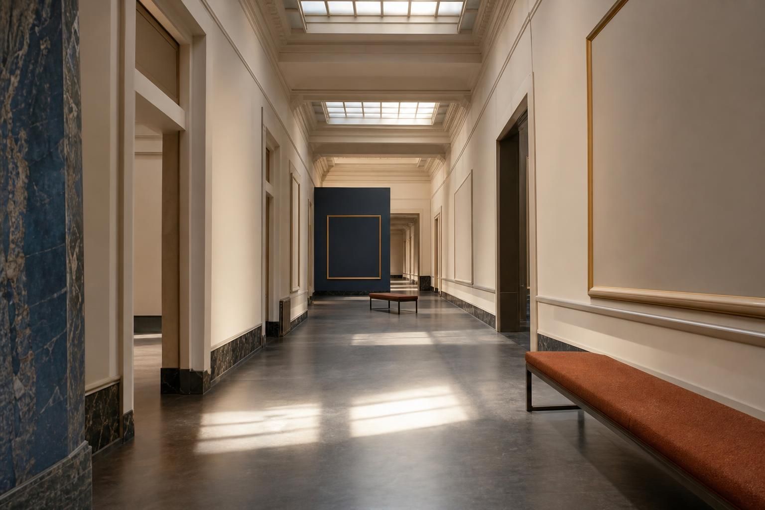 Heller moderner Museumssaal mit weißen Wänden und Oberlicht