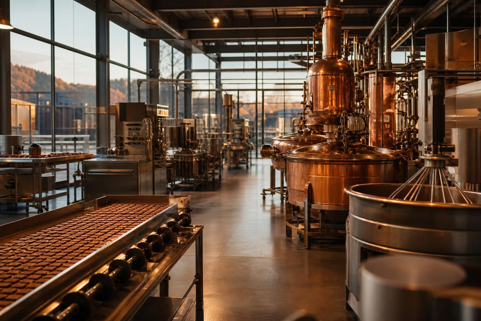 Gläserne Produktionshalle mit Maschinen aus Stahl und Kupfer