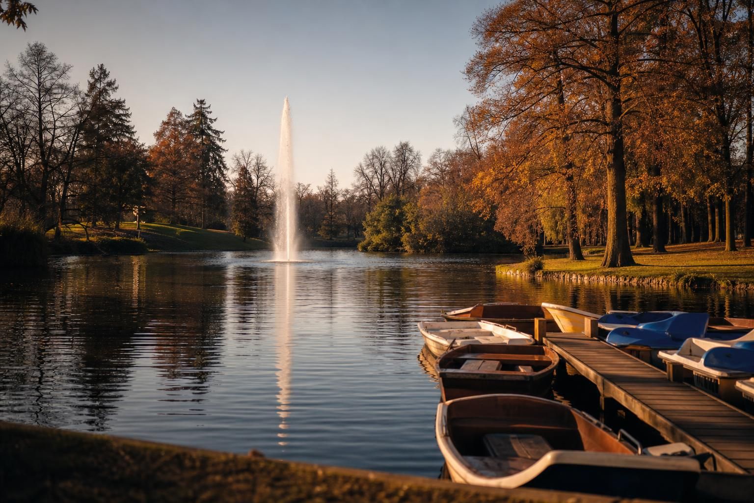 Parkteich mit hoher Fontäne und vertäuten Tretbooten
