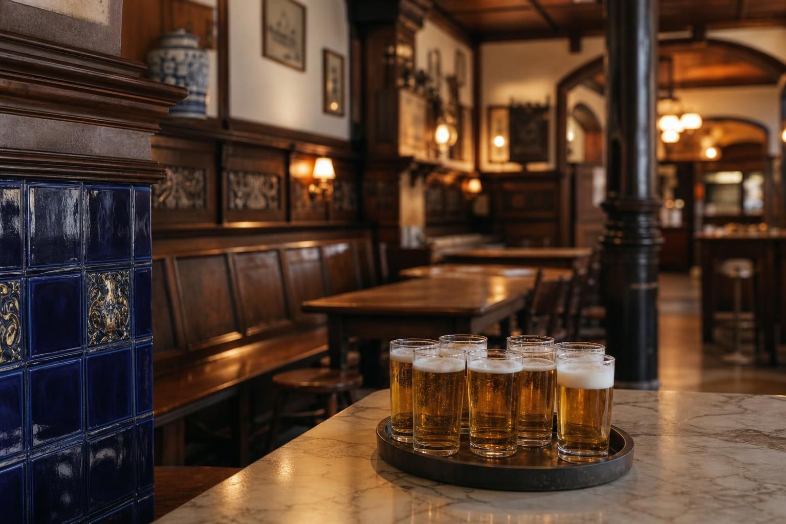 Traditioneller Brauhaus-Innenraum mit dunklem Holz und schmalen Biergläsern