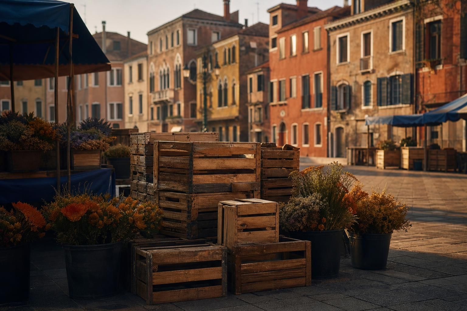 Marktplatz mit Ständen am Morgen