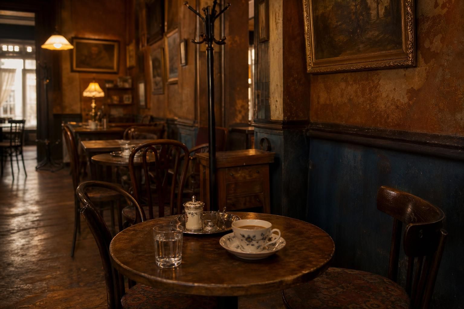 Historisches Kaffeehaus mit leeren Tischen
