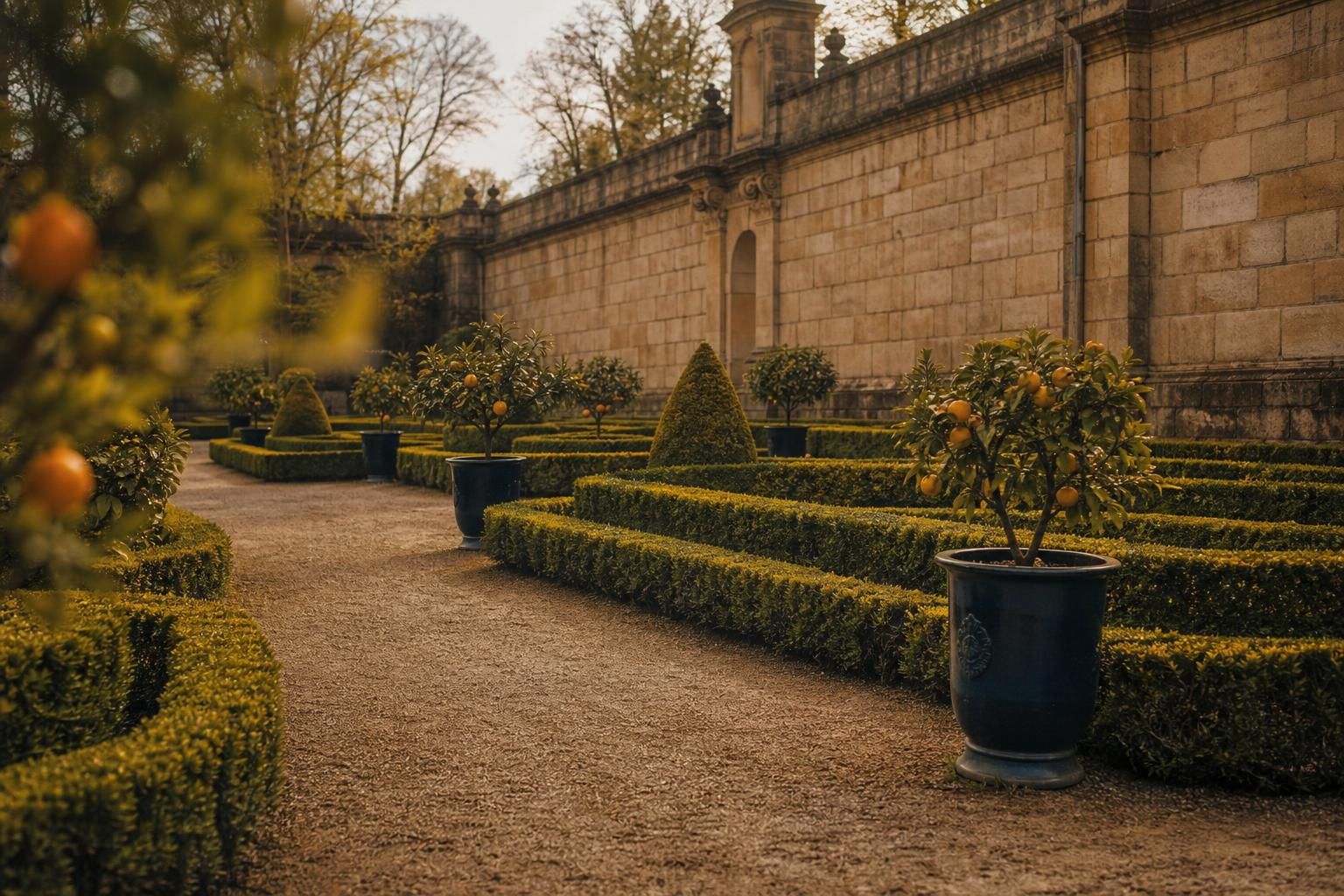 Barocker Hesperidengarten mit Wegen und grünen Hecken