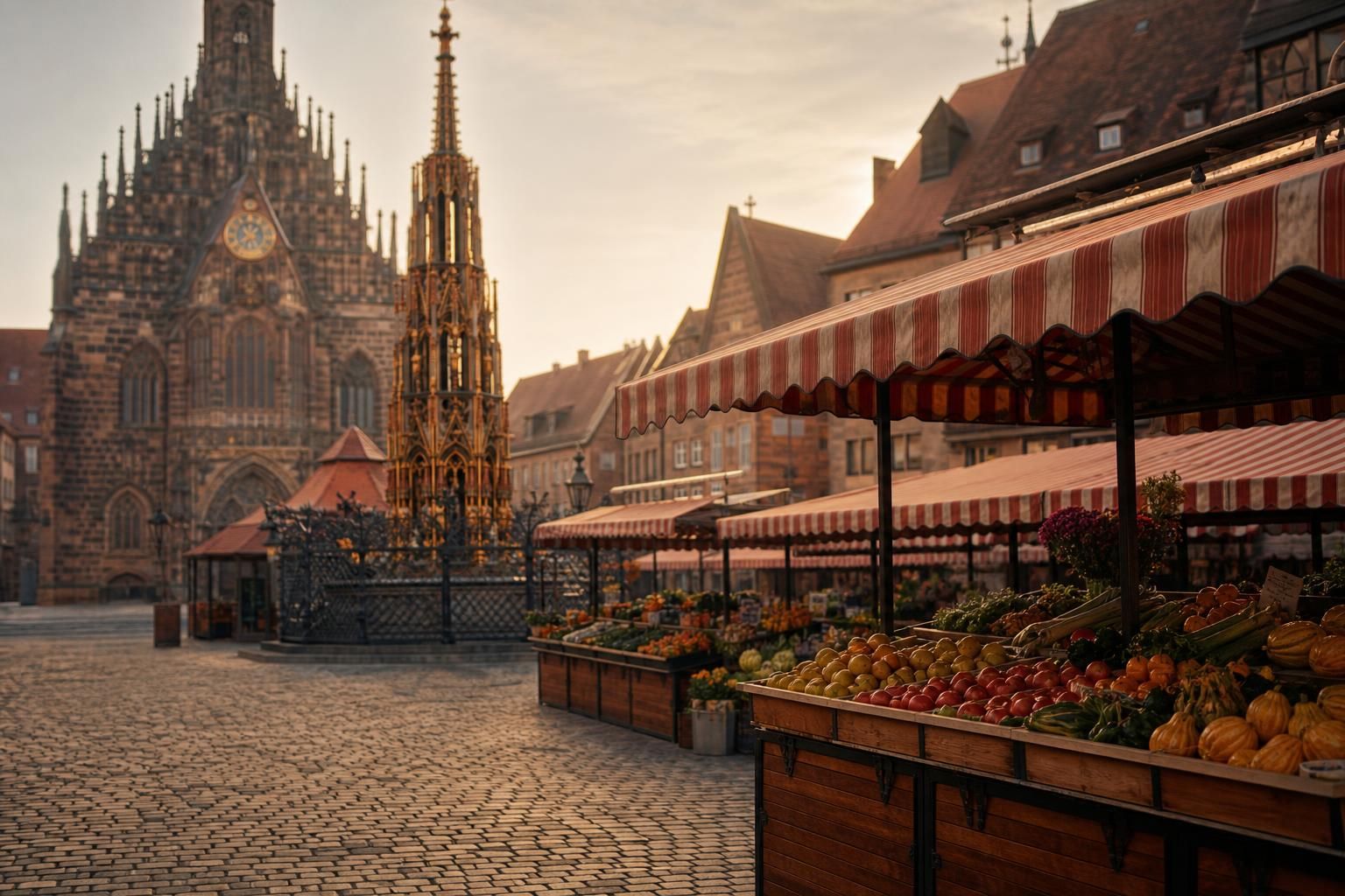 Hauptmarkt Nürnberg mit Brunnen und Marktständen
