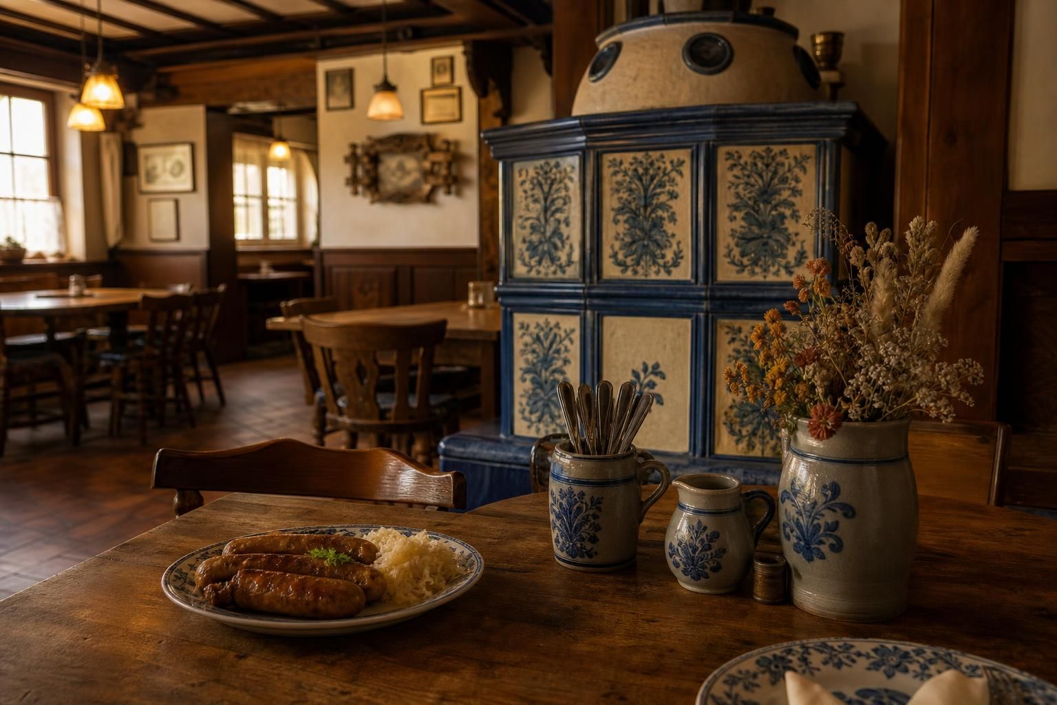 Traditionelle Gaststube mit Bratwürsten und Holztafeln