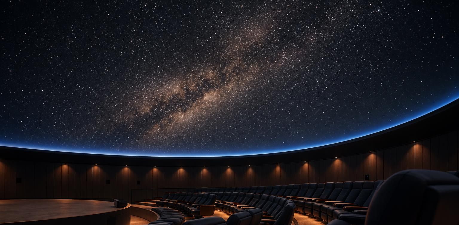 Planetariumskuppel mit Sternprojektion über leeren Sesseln