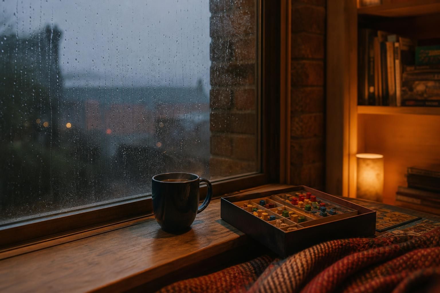 Regennasses Fenster mit einer Teetasse und einem Spiel auf der Fensterbank