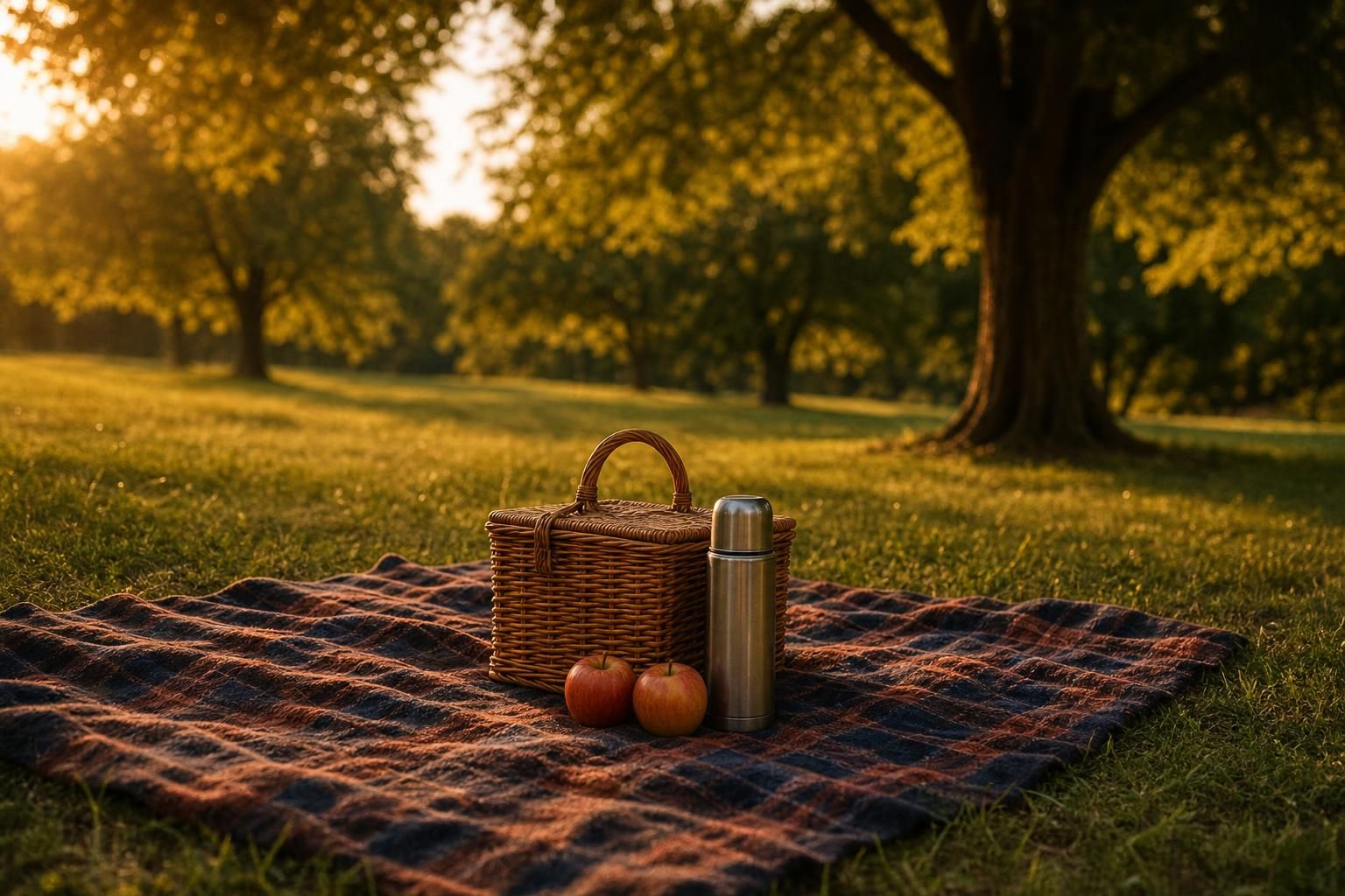 Picknickdecke im Park mit Korb, Äpfeln und Thermoskanne