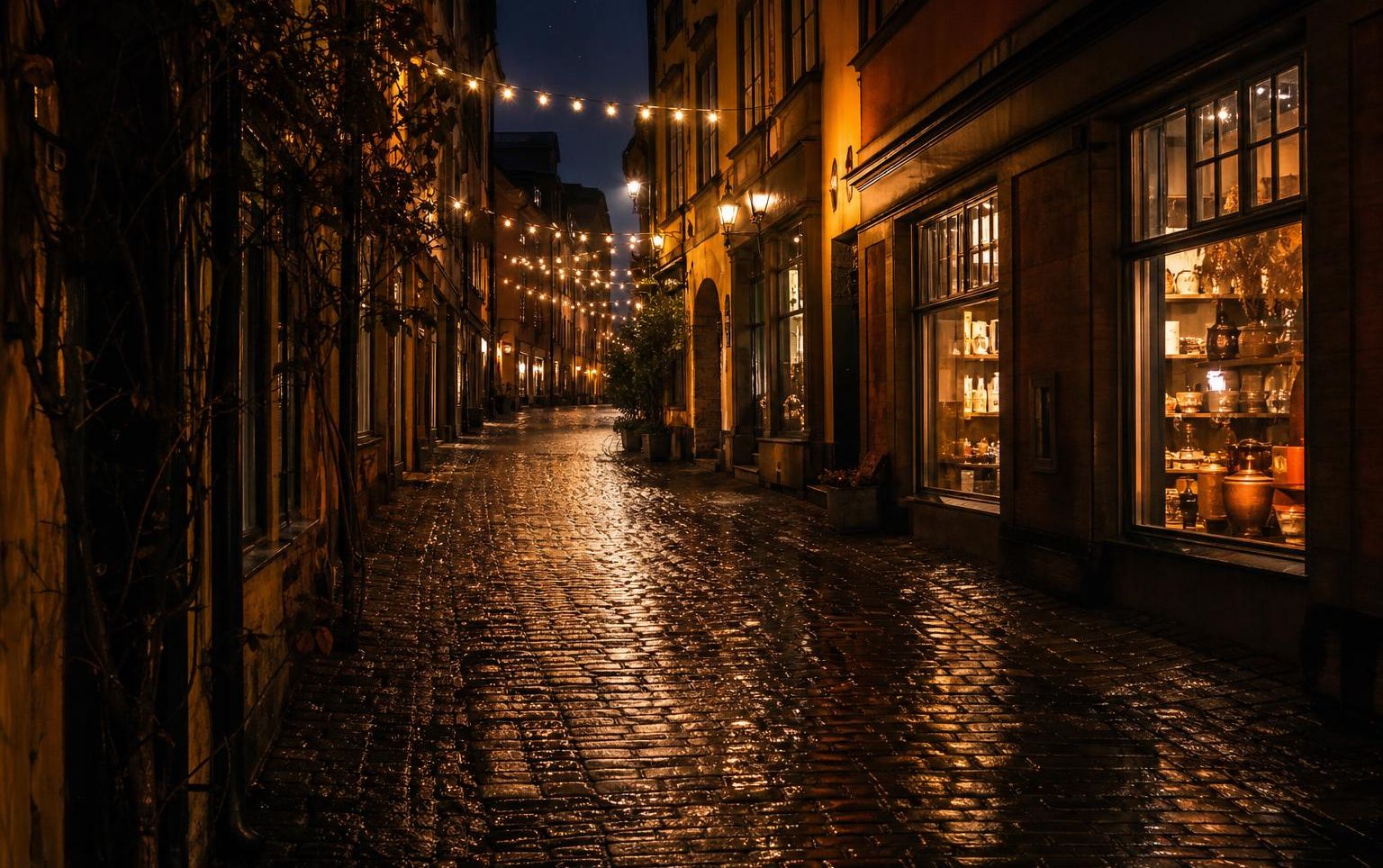 Ruhige Stadtstraße bei Nacht mit nassem Kopfsteinpflaster und warmem Licht