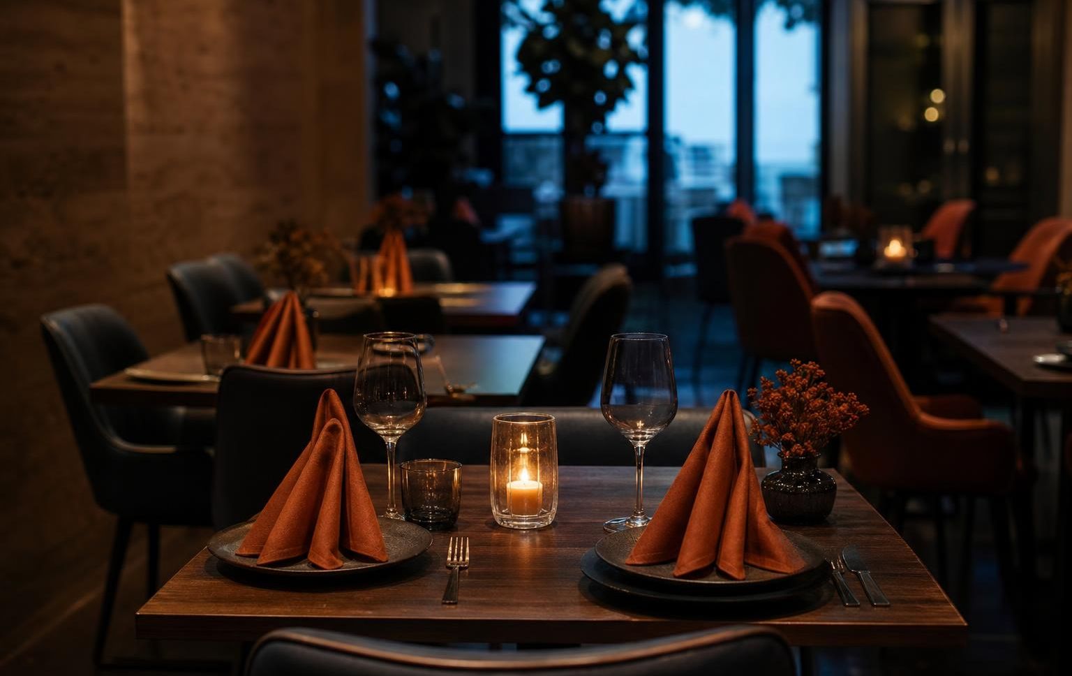 Festlich gedeckter Restauranttisch für zwei in einem leeren Saal