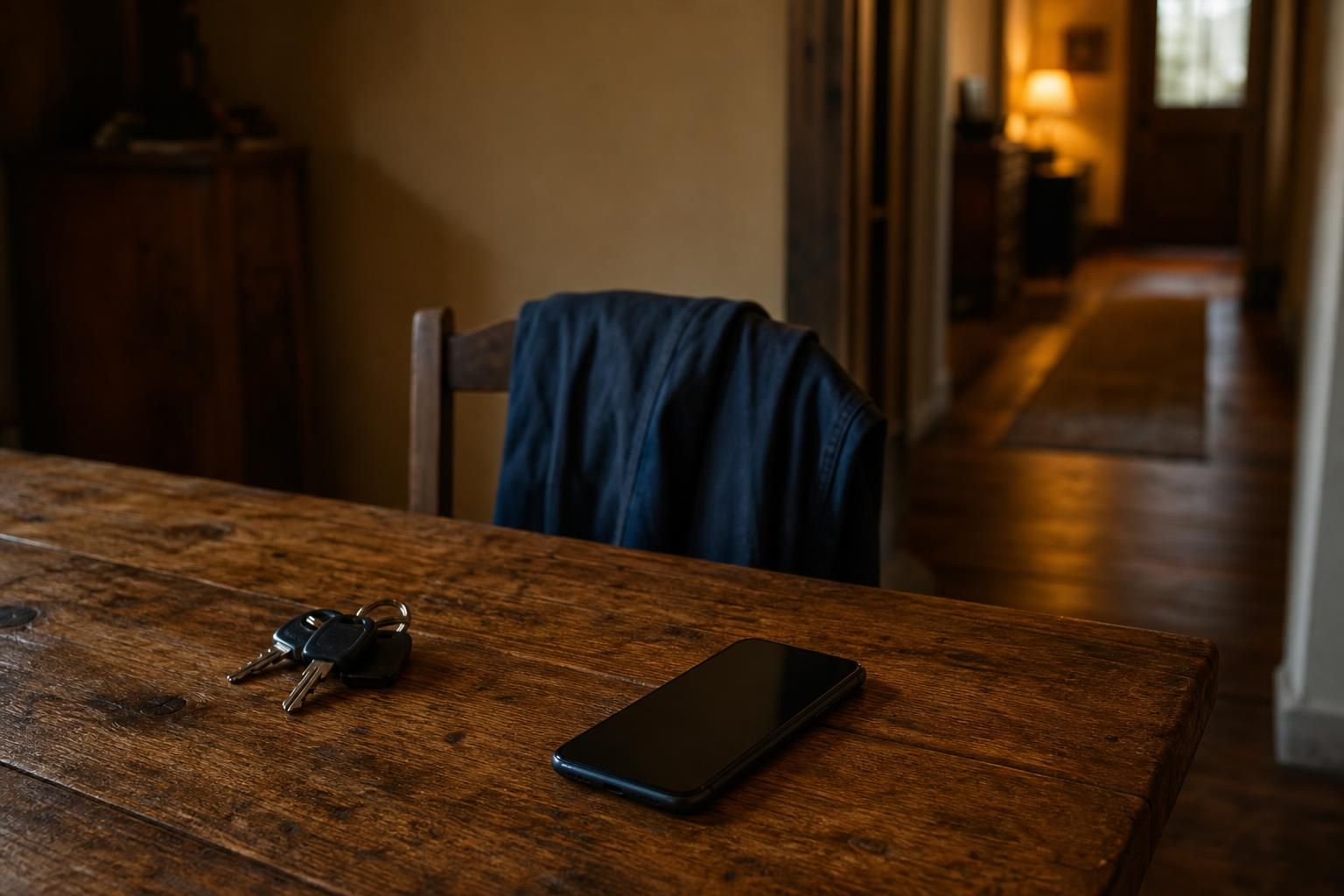 Smartphone neben Schlüsseln auf einem Holztisch im warmen Licht