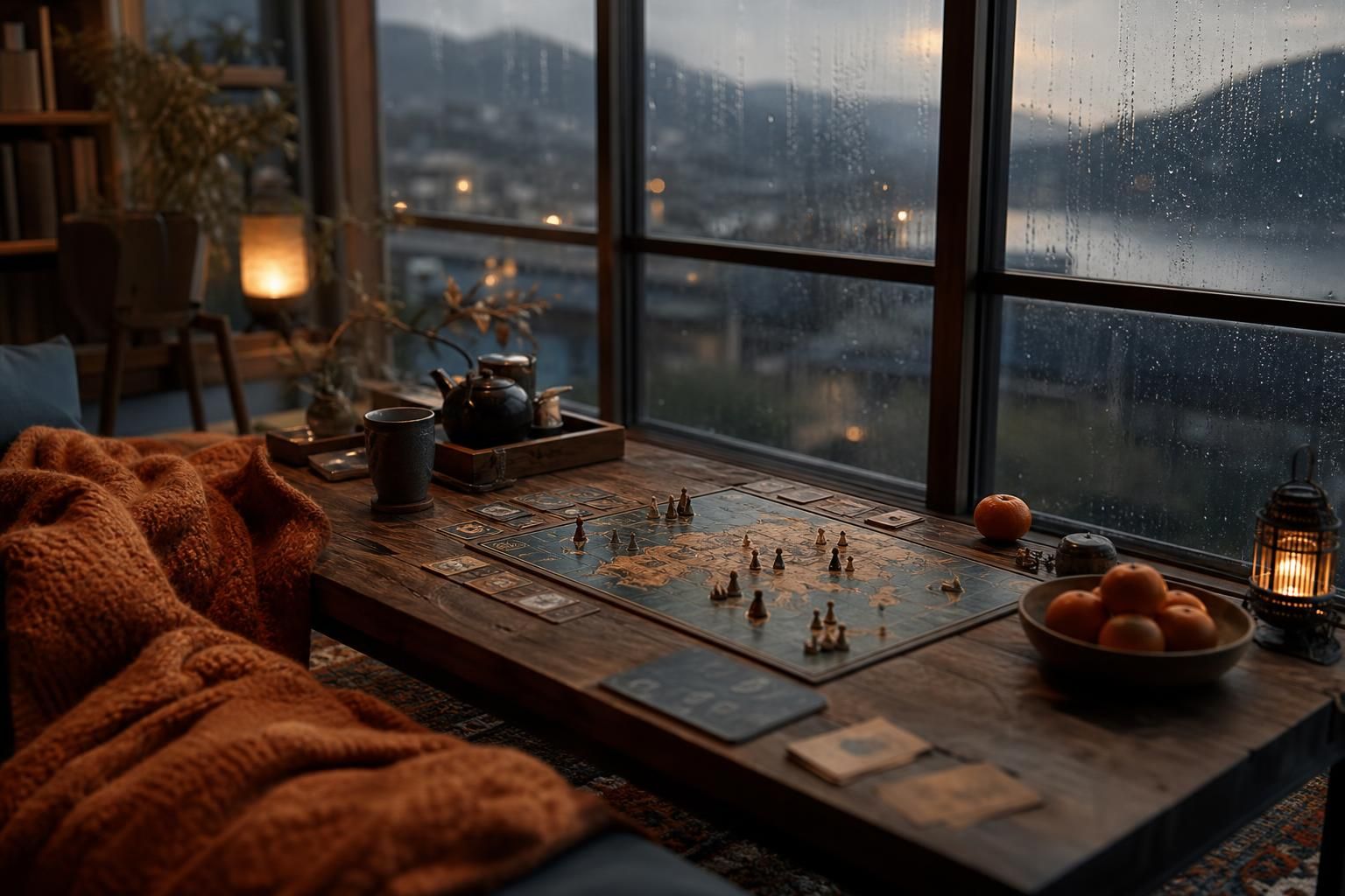 Brettspiel mit Tee am regnerischen Fenster