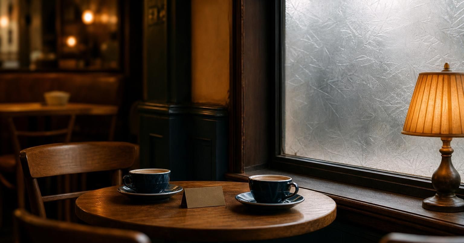 Zwei Teetassen an einem frostigen Caféfenster