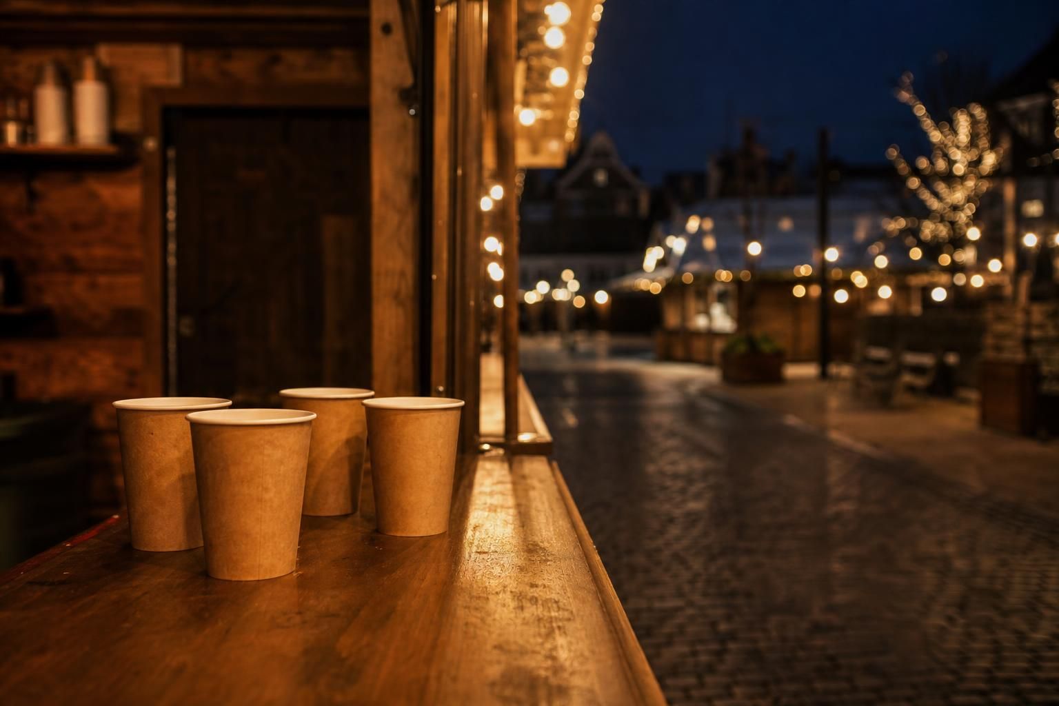 Leerer Wintermarktstand mit warmen Lichtern