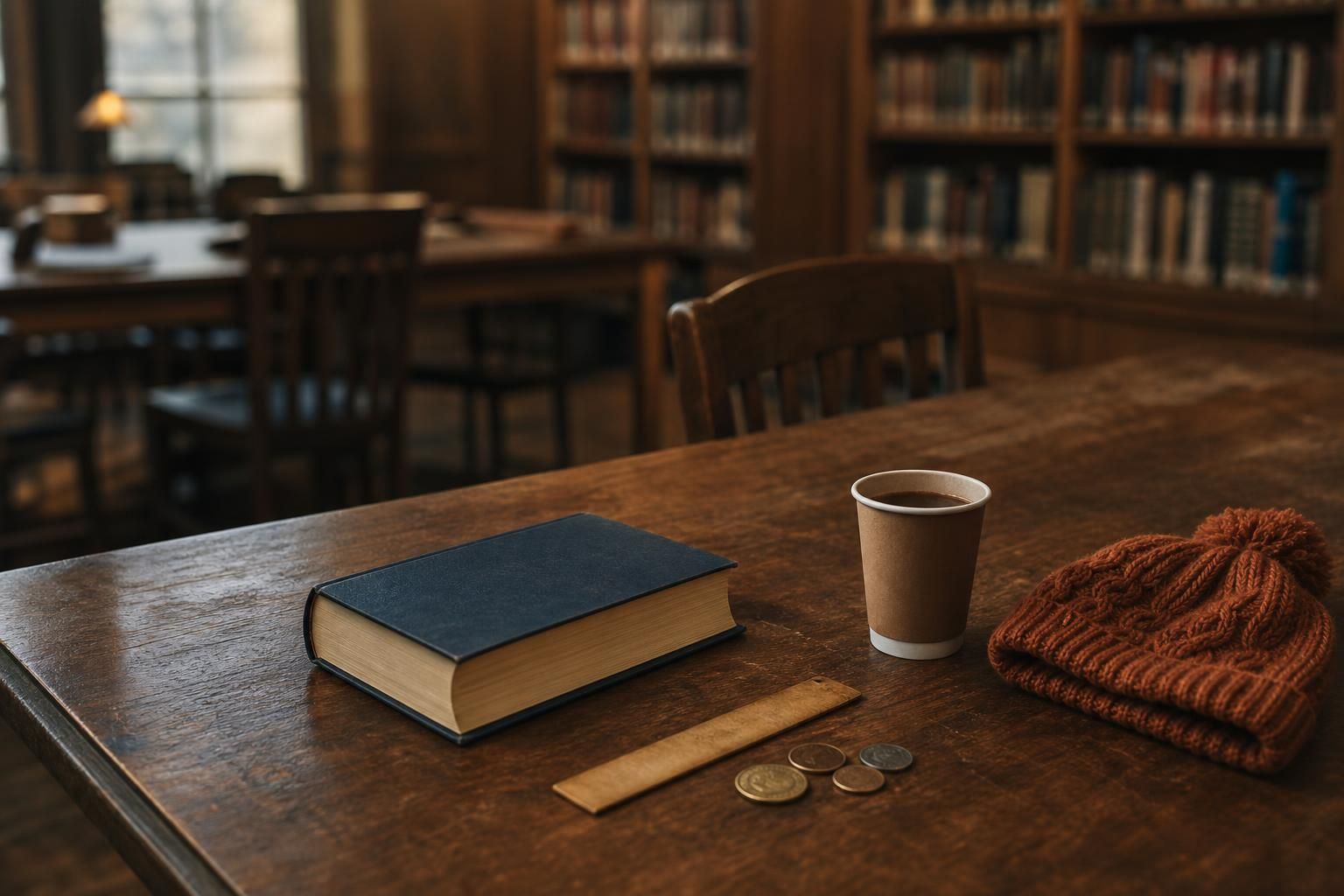 Bibliothekstisch mit Buch Tee und Münzen